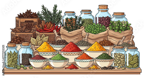 Spice assortment powders herbs seeds in bowls bags jars and crates on a wooden shelf