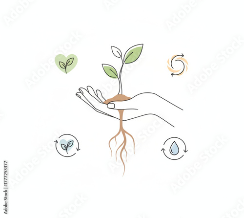 Hand cradling a growing plant with roots, surrounded by eco-friendly symbols, representing growth