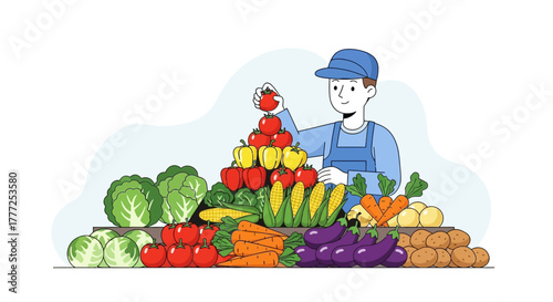 Vendor arranges produce at a market stall featuring various vegetables in a colorful display
