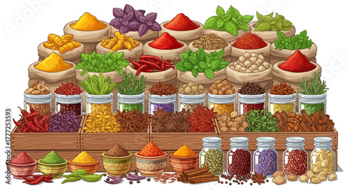 Array of diverse spices arranged in jars bags and bowls on wooden shelves