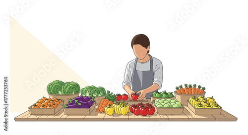 A vendor stands behind a market table laden with fresh vegetables and produce