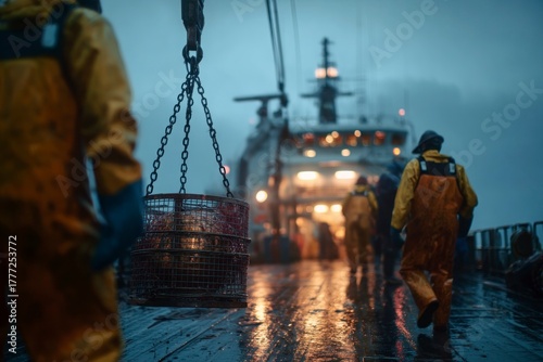 Crew on a research vessel using crane equipment to lift heavy load during stormy conditions at sea. Concept: marine exploration, resilience, teamwork, ocean industry, sustainable research.