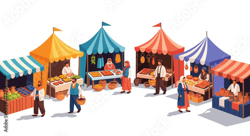 Vibrant marketplace vendors in colorful tents offer produce goods to shoppers