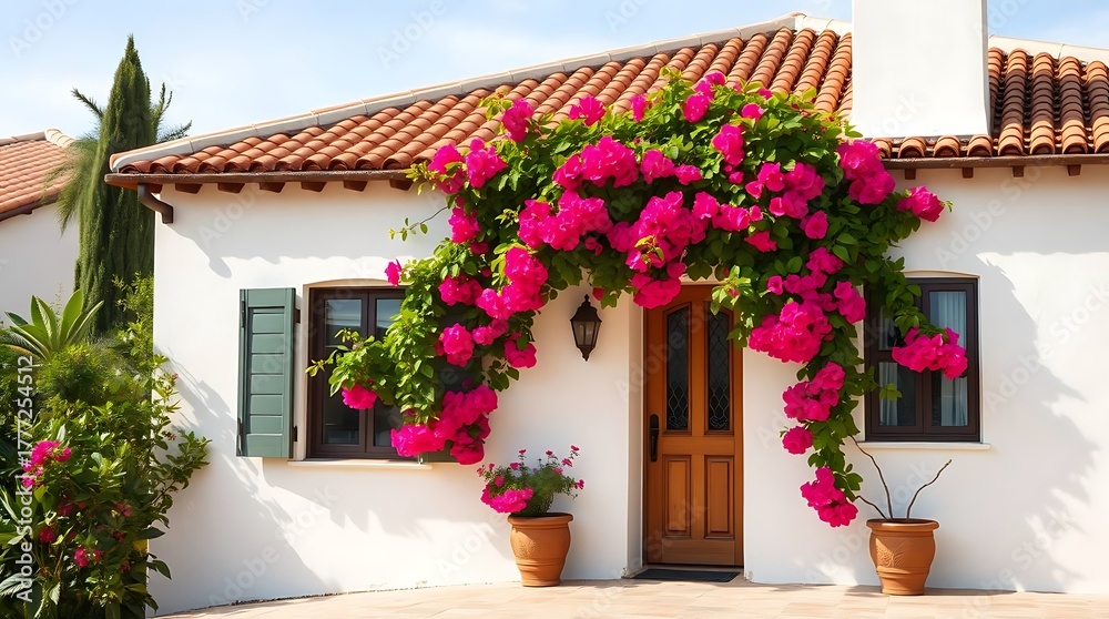 Naklejka premium Ultra-realistic, hyperdetailed photograph of a charming Mediterranean villa exterior, white stucco walls, terracotta roof tiles, vibrant bougainvillea cascading down