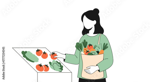 A woman selects tomatoes at a stand holding a bag of vegetables