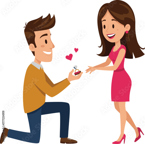 Cartoon man proposing to woman with diamond ring, romantic couple illustration, love, engagement, marriage proposal, relationship, wedding, romance, hearts