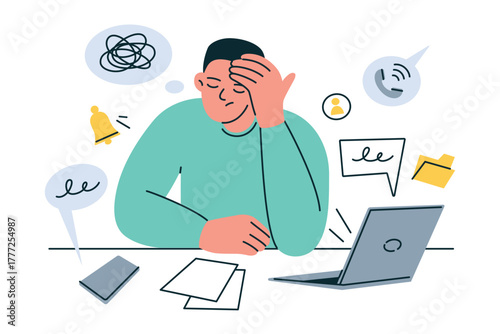 Vector flat cartoon illustration of stressed worker at laptop surrounded by urgent tasks and notifications. Concept of burnout, multitasking, mental overload, tired employee, office stress, pressure