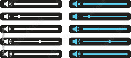 Volume Icon set.Audio player for songs or podcast playlist. Adjust mixer volume level. Equalizer symbol concept for control, filter, balance, tuning, options, and preferences.