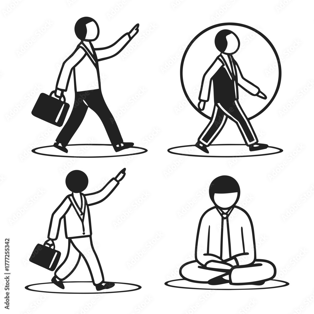 Obraz premium Dynamic business professionals in motion and contemplation, showcasing progress and focus for modern corporate concepts.