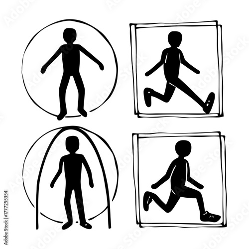 Diverse human figures in motion and static poses, representing activity, progress, and personal space for dynamic concepts.