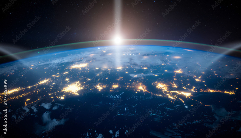 Obraz premium Stunning view of Earth from space at night with glowing city lights and a bright sunbeam breaking through the atmosphere.