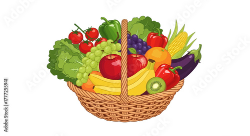 Woven basket filled with assorted fruits and vegetables