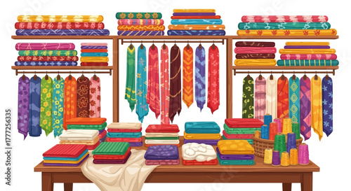 Colorful fabrics  threads displayed on shelves  a table in a shop setting
