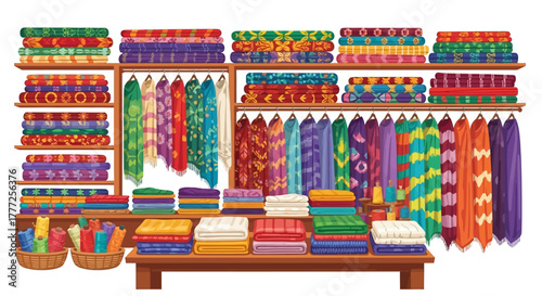 A store display of stacked  hanging colorful fabrics with thread spools in baskets on the shops shelf