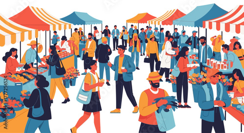 Vibrant market scene People shopping under tents vendors displaying goods