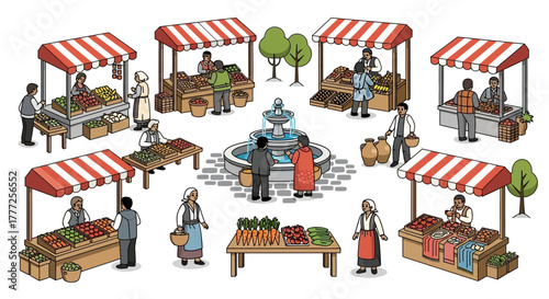 Outdoor market scene with stalls vendors customers and a fountain at the center