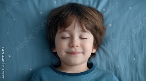 A Peaceful Boy Smiling Brightly While Sleeping Under a Starlit Background, Exuding Joy and Tranquility in a Cozy Bedroom Atmosphere