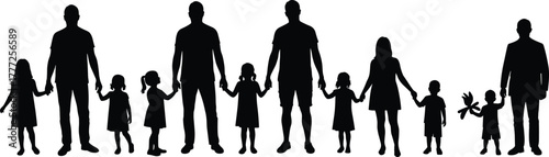 Black silhouette of large family holding hands together, parents and children unity illustration on white background, symbol of love and togetherness