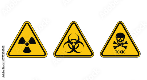 Set of hazard warning signs including radiation biohazard and toxic symbols isolated illustration for safety and caution