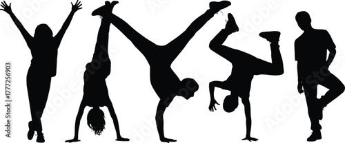 Black silhouettes of people performing acrobatic dance moves