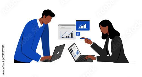 Business Professionals Analyzing Data on Laptops Together.