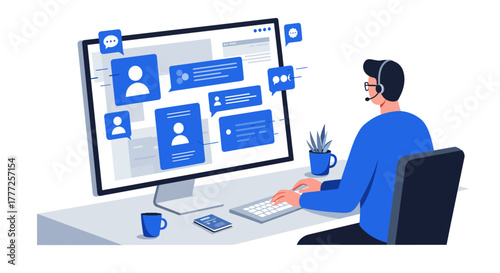 Customer Service Representative Working on Computer with Chat Bubbles.