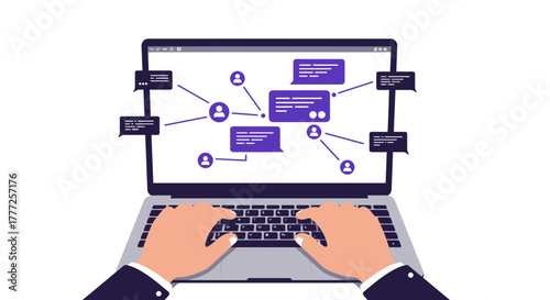 Person Typing on Laptop with Chat Bubbles Displayed.