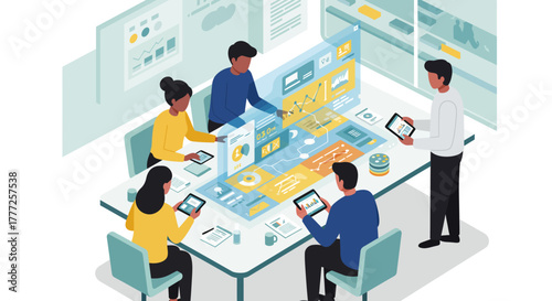 Team Analyzing Data on Interactive Digital Display.
