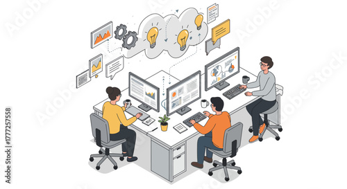 Team Working Together at Desks with Computers.