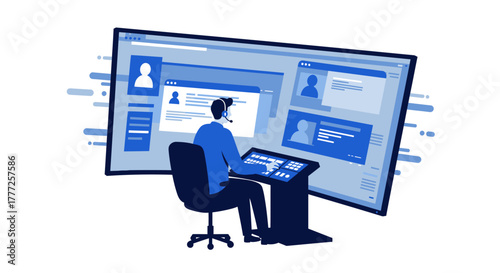 Operator Working at Computer with Headset and Screen.