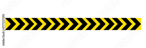 Black and yellow cautionary tape with right arrow for safety hazard zones roads and construction. Caution ribbon warning line for danger area, police accidents and construction. Vector illustration.