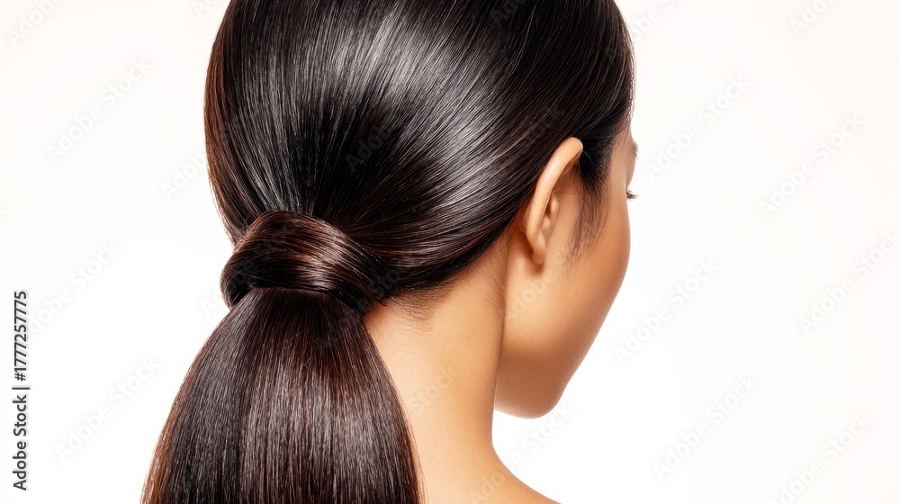 Obraz premium Woman showing healthy shiny brunette hair ponytail