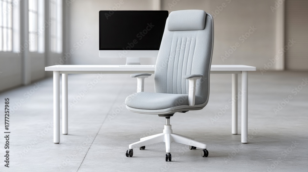 Obraz premium Ergonomic Office Chair with Comfortable Design and Modern Look, Placed Near White Desk with Computer Monitor in Bright Workspace