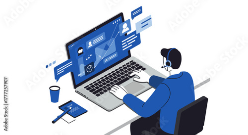 Customer Service Representative Working on Laptop with Headset.