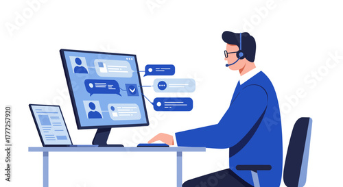 Customer Service Representative Working with Computer and Headset.