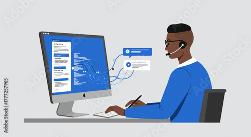 Customer Service Representative Working on Computer with Headset.