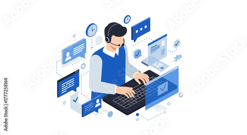 Isometric Customer Service Representative Working on Computer.