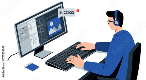 Man Working on Computer Achieving Success Illustration.