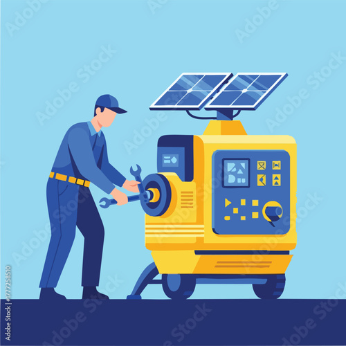 Technician Operating Portable Solar Generator Device.
