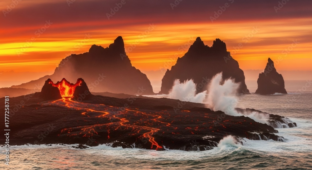 Fototapeta premium Dramatic landscape featuring volcanic eruption, sea waves, and dramatic sky colors