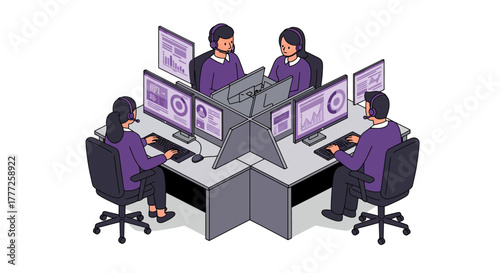 Four Call Center Agents Working at Desks.