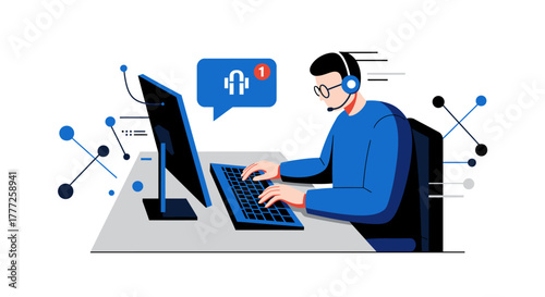 Customer Service Representative Working on Computer with Headset.