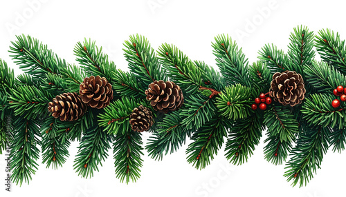 Evergreen garland with cones and red berries on a black background