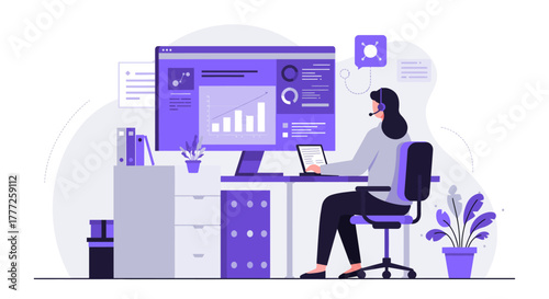 Woman Working at Desk with Computer and Headset.