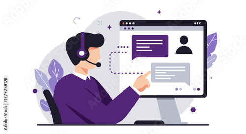 Customer Service Representative with Headset and Computer Screen.