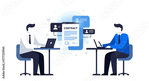 Business Professionals Reviewing Contract on Laptops Signing Agreement.