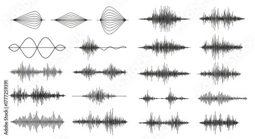 Set of sound wave illustrations audio waveform design elements for music production and data visualization isolated on white background