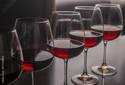 Close-up of red wine glasses on dark reflective surface