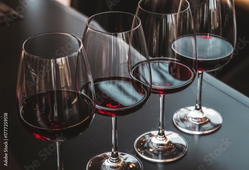Close-up of red wine glasses on dark reflective surface