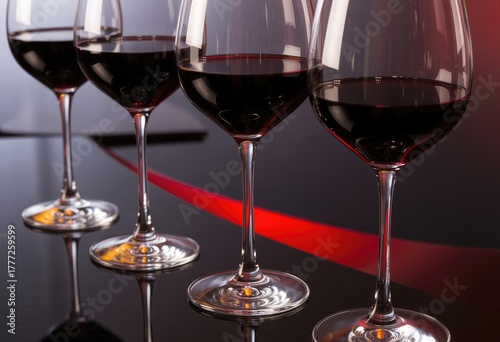 Close-up of red wine glasses on dark reflective surface
